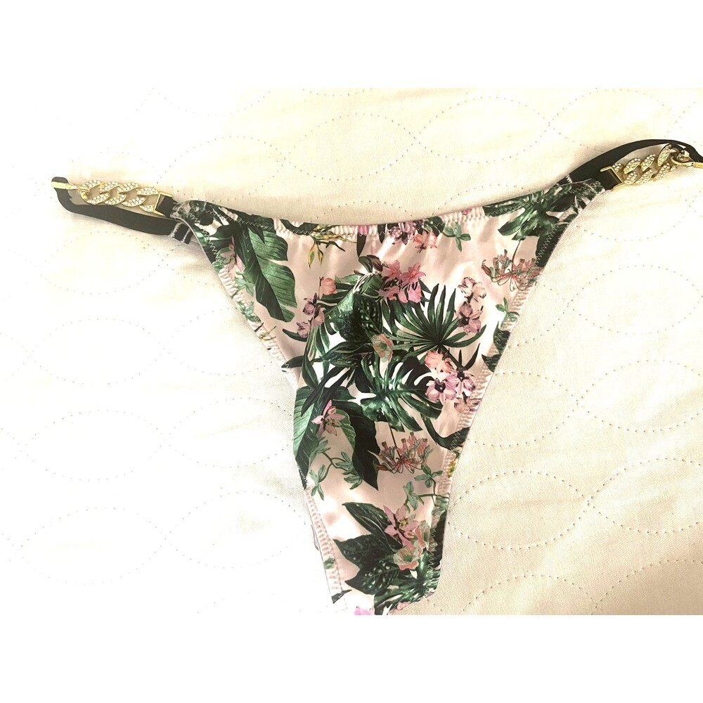 Victoria Secret Thong Panty Gold Chain Floral Tropical sz L Shine Rhinestone